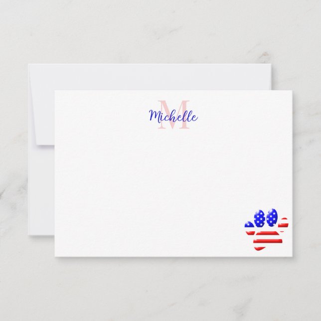 US Flag Dog Paw Print Monogram Note Card (Front)