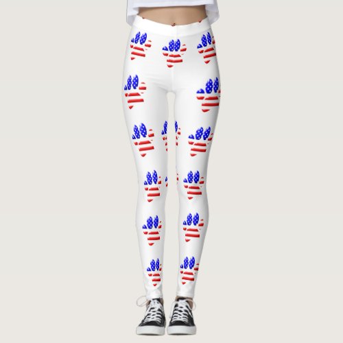 US Flag Dog Paw Print Pattern Leggings