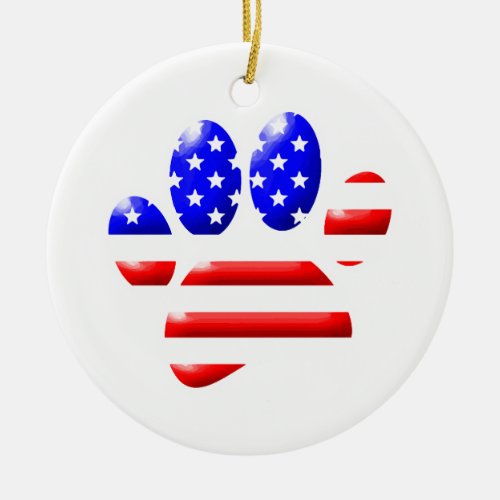 US Flag Dog Paw Print Red And White Ceramic Ornament