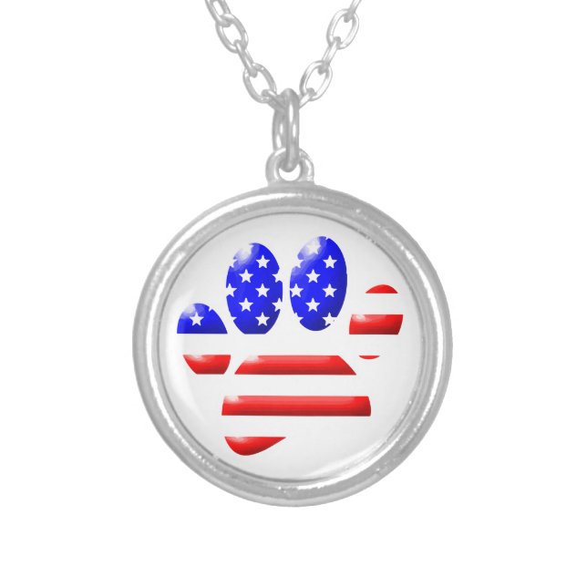 US Flag Dog Paw Print Silver Plated Necklace (Front)