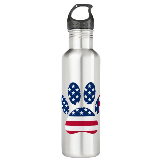 US Flag Dog Paw Print Stainless Steel Water Bottle (Front)