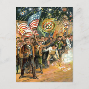 US Flag Fireworks Firecracker Parade Postcard