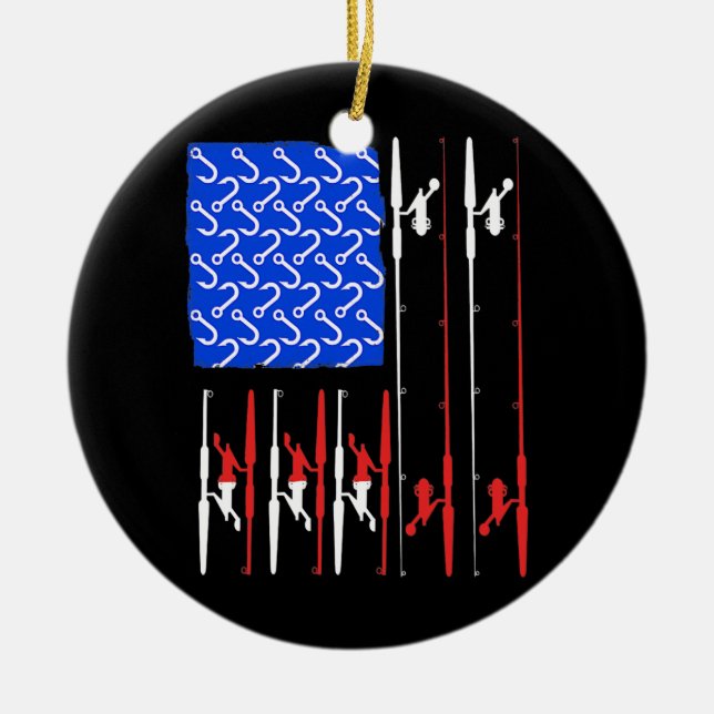 US Flag Fishing Hook Rod Fish Fisher Fisherman  Ceramic Ornament (Front)