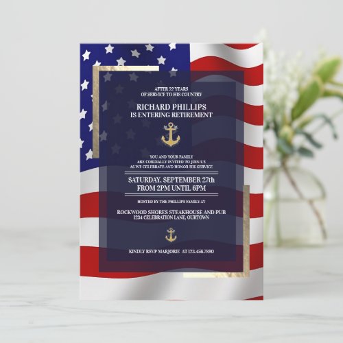 US FlagGold Anchor Military Retirement Party Invitation
