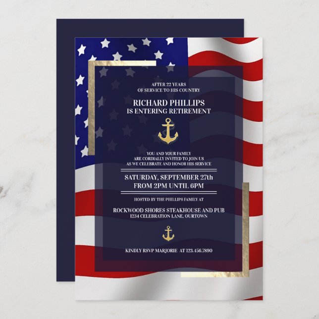 US Flag/Gold Anchor Military Retirement Party Invitation (Front/Back)