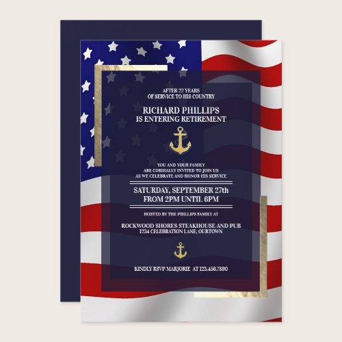 US Flag/Gold Anchor Military Retirement Party Invitation US Flag/Gold Anchor Military Retirement Party Invitation