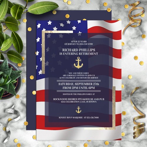 US Flag/Gold Anchor Military Retirement Party Invitation US Flag/Gold Anchor Military Retirement Party Invitation