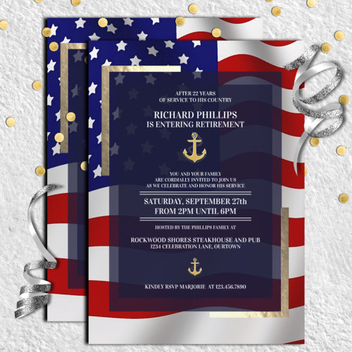 US Flag/Gold Anchor Military Retirement Party Invitation