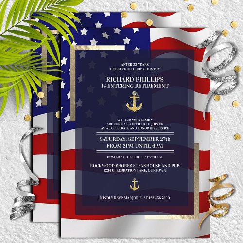 US FlagGold Anchor Military Retirement Party Invitation