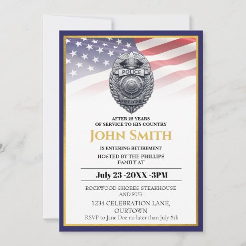 US FlagGolden Police Officer Retirement Party  Invitation