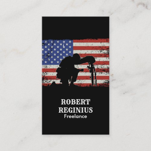 US flag grunge backs a kneeling soldier Business Card