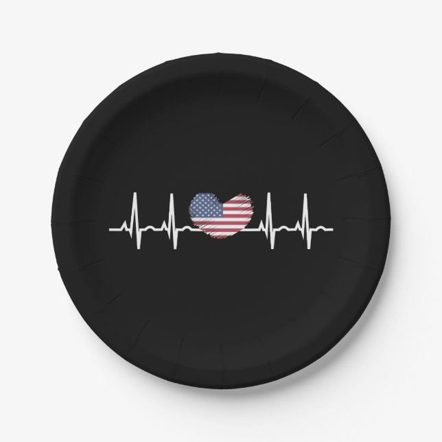 US Flag Heartbeat ECG Electrocardiography Paper Plates (Front)