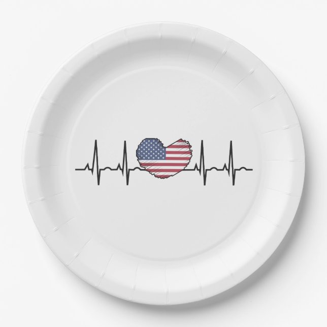 US Flag Heartbeat ECG Electrocardiography Paper Plates (Front)