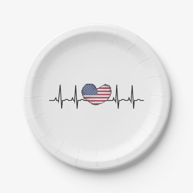US Flag Heartbeat ECG Electrocardiography Paper Plates (Front)