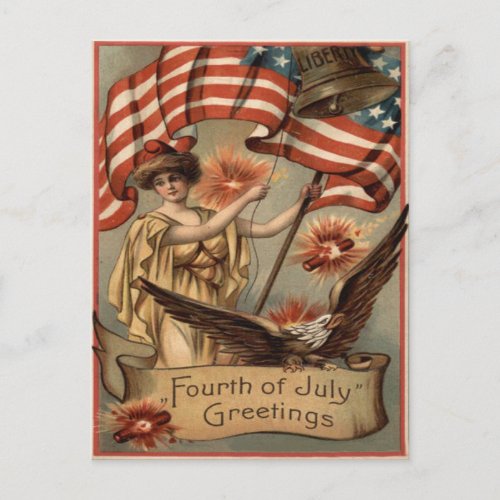 US Flag Lady Liberty Fireworks Firecracker Postcard
