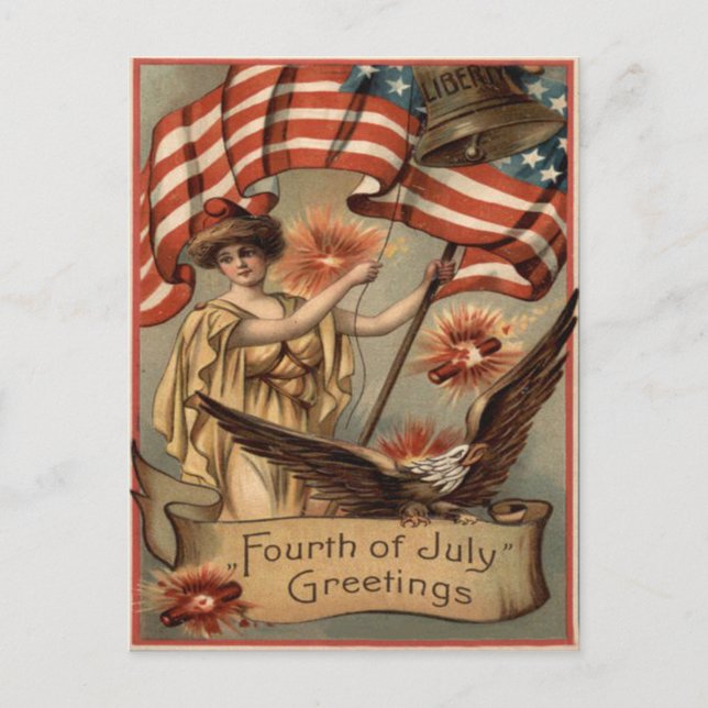US Flag Lady Liberty Fireworks Firecracker Postcard (Front)
