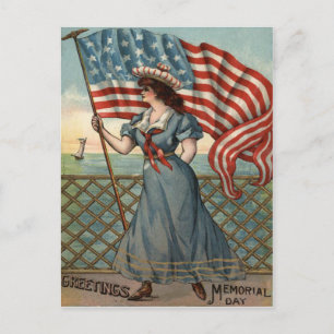 US Flag Lady Liberty Ocean Sailboat Postcard