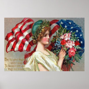 US Flag Lady Liberty Wreath Memorial Day Poster