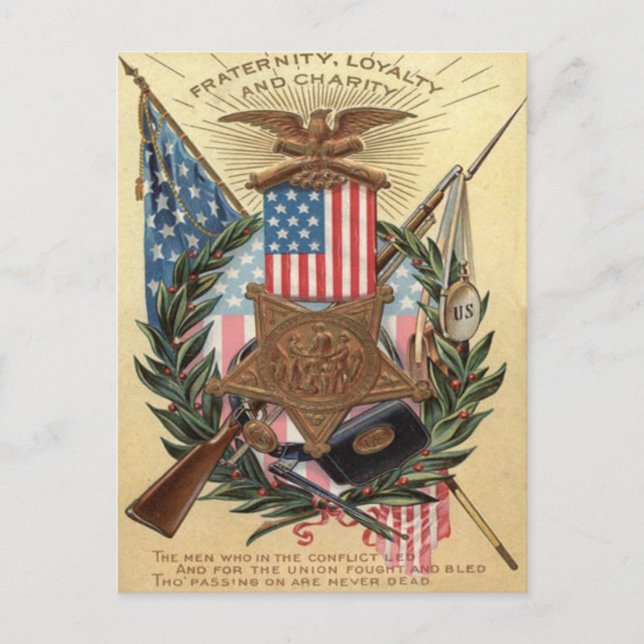 US Flag Medal Wreath Rifle Bayonet Postcard (Front)