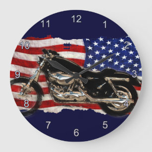 US Flag, Motorcycle, Motorbike, Hog Large Clock