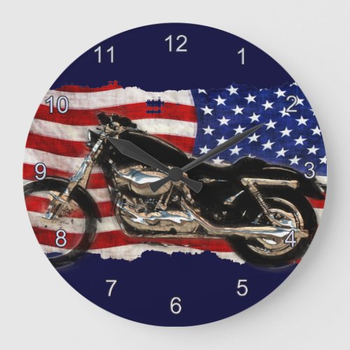 US Flag Motorcycle Motorbike Hog Large Clock