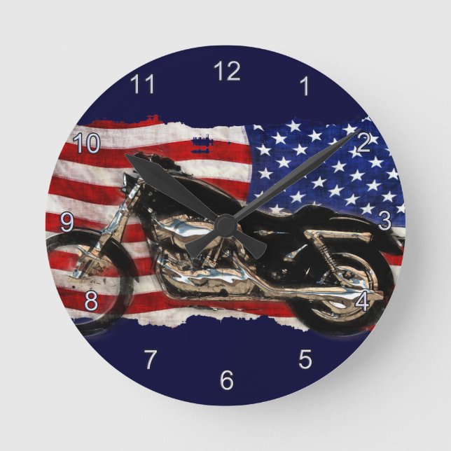 US Flag, Motorcycle, Motorbike, Hog Round Clock (Front)