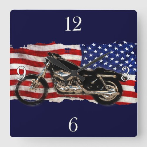 US Flag  Motorcycle Motorbike Patriotic Art Square Wall Clock