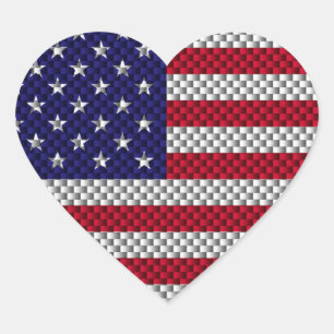 US Flag on Carbon Fiber Like Print Heart Sticker