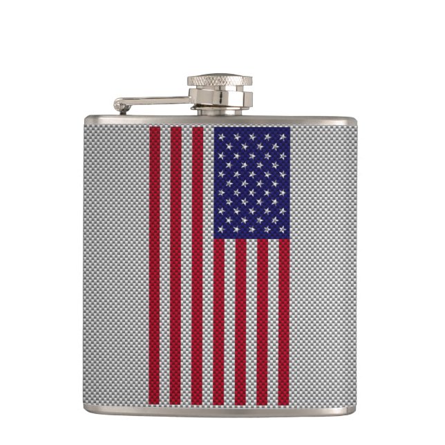 US Flag on Carbon Fiber Like Print Hip Flask (Front)