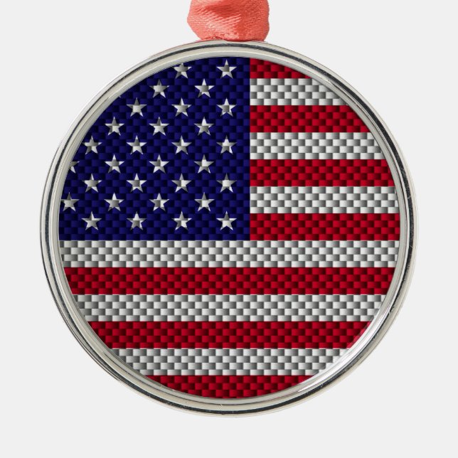 US Flag on Carbon Fiber Like Print Metal Ornament (Front)