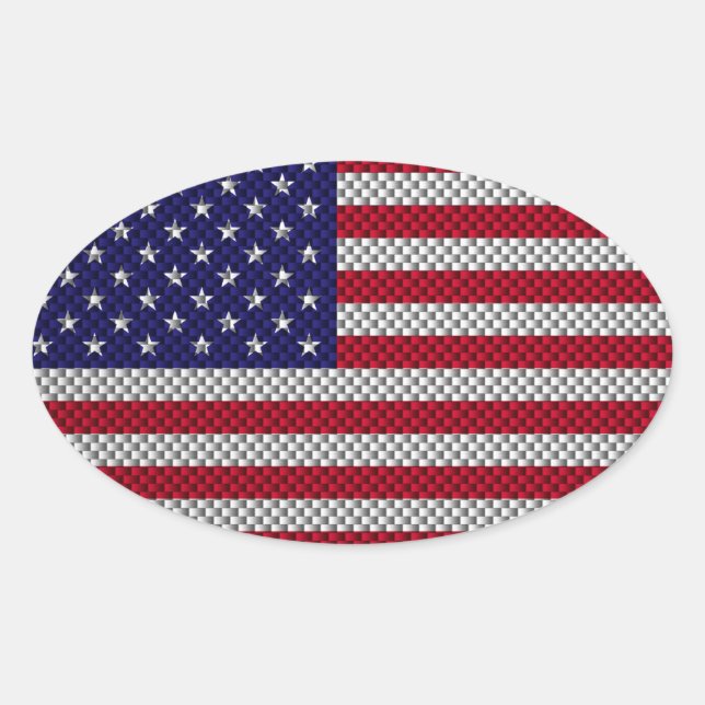 US Flag on Carbon Fiber Like Print Oval Sticker (Front)