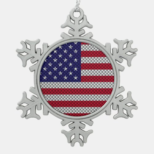 US Flag on Carbon Fiber Like Print Snowflake Pewter Christmas Ornament