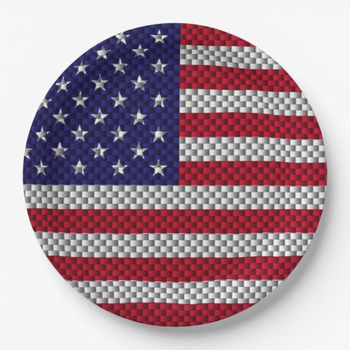 US Flag on Carbon Fiber Style Decor Print Paper Plates