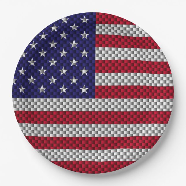 US Flag on Carbon Fiber Style Decor Print Paper Plates (Front)