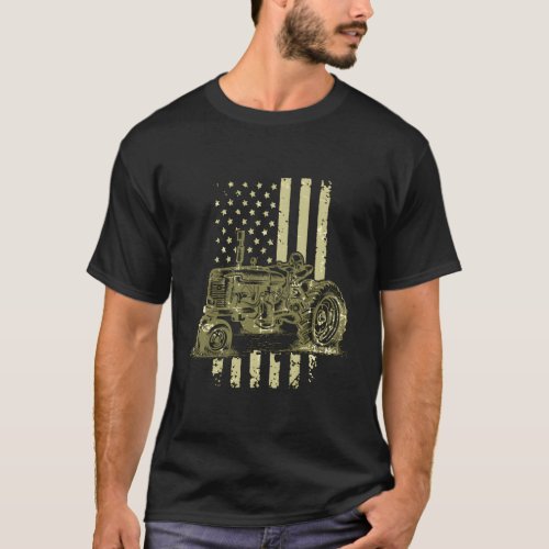 Us Flag Patriotic Farmer Tractor T_Shirt