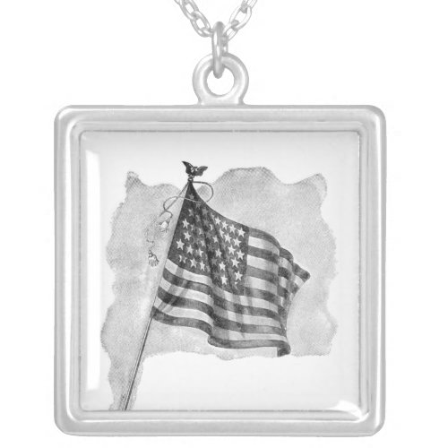 US Flag Patriotic Vintage Art Silver Plated Necklace