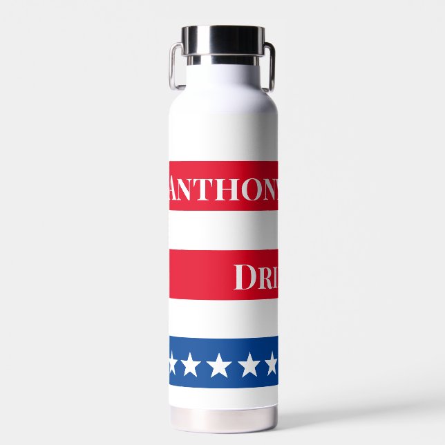 US Flag Personalized Red White and Blue Water Bottle (Front)