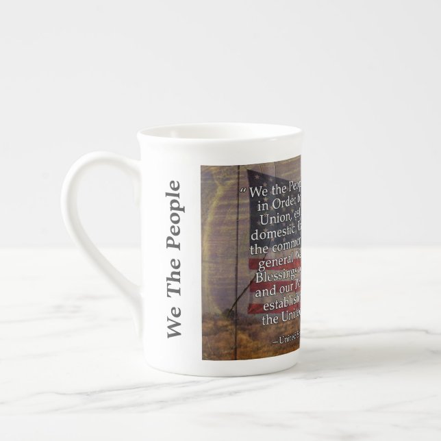US Flag Photograph and US Constitution Preamble Bone China Mug (Left)