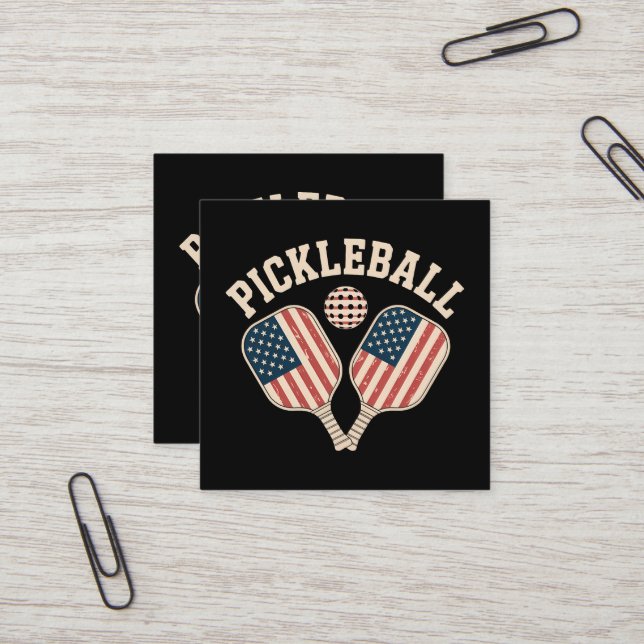 US Flag Pickleball Player Square Business Card (Front/Back In Situ)