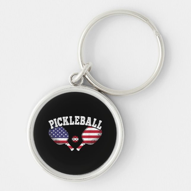US Flag Pickleball Player Vintage Pickle Ball Love Keychain (Front)