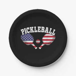 US Flag Pickleball Player Vintage Pickle Ball Love Paper Plates