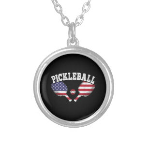 US Flag Pickleball Player Vintage Pickle Ball Love Silver Plated Necklace