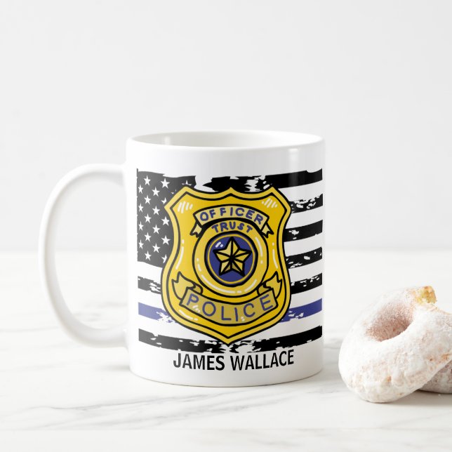 US Flag | Police Officer Gold Shield Personalized  Coffee Mug (With Donut)