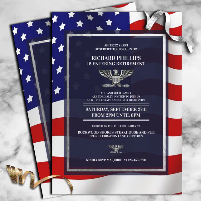 US Flag/Silver Eagle Military Retirement Party Invitation | Zazzle