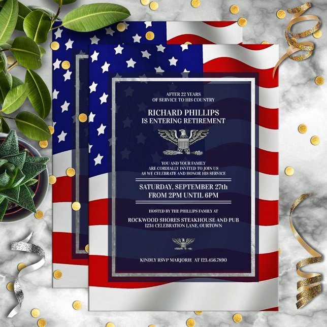 US Flag Silver Eagle Military Retirement Party Invitation (Creator Uploaded)