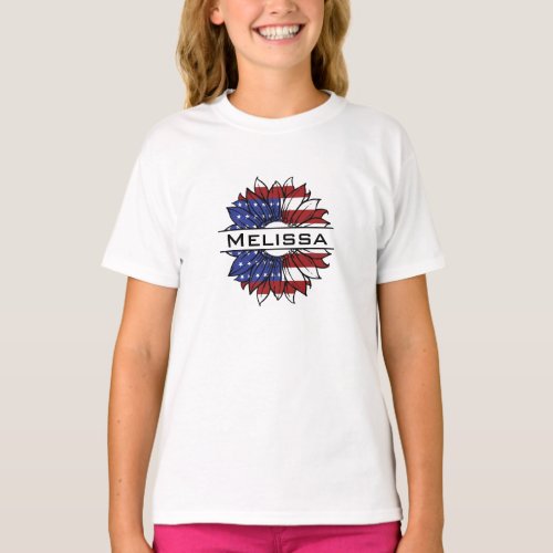 US Flag Sunflower With Name Girls T_Shirt