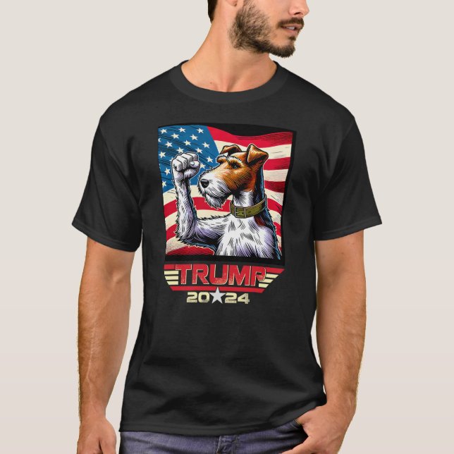 US Flag Vote For Trump 2024 Fist Wire Fox Terrier  T-Shirt (Front)