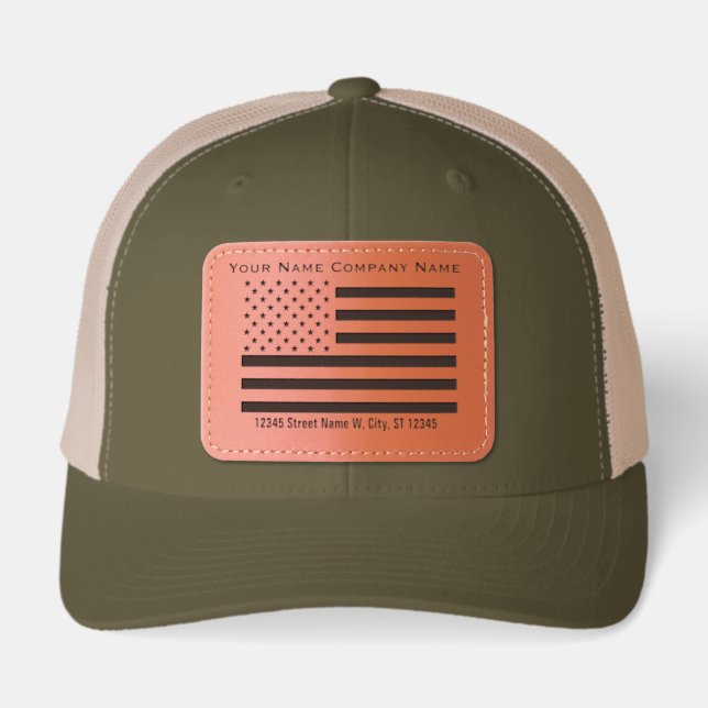 US Flag with 2 Lines of Text Leather Patch Hat (Front)