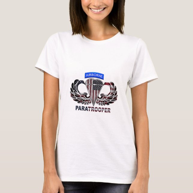 US Flag With Airborne Wings and Paratroopers T-Shirt (Front)