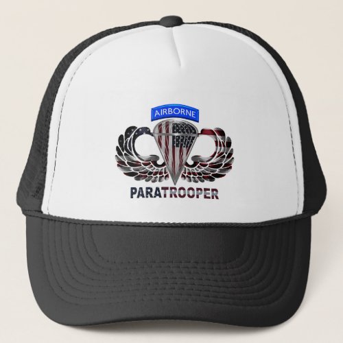 US Flag With Airborne Wings and Paratroopers Trucker Hat